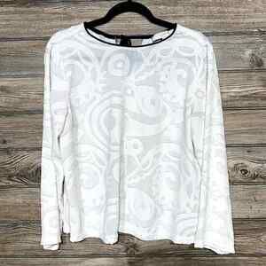 LOFT Paisley Blouse Women Medium Ivory White Tie Back Long Sleeve Top Black Trim